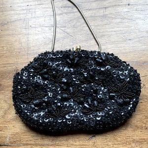 Vintage black evening purse. Hand made beaded in Hong Kong.